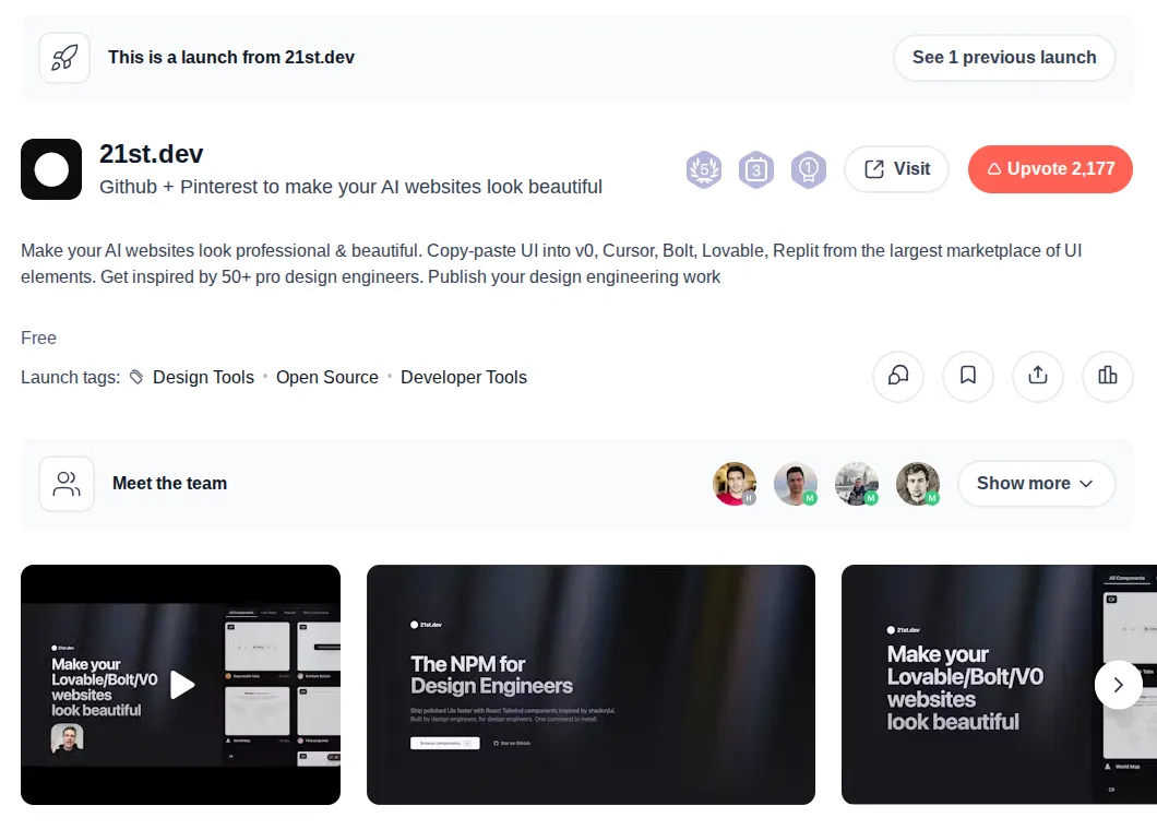 21st.dev product hunt launch