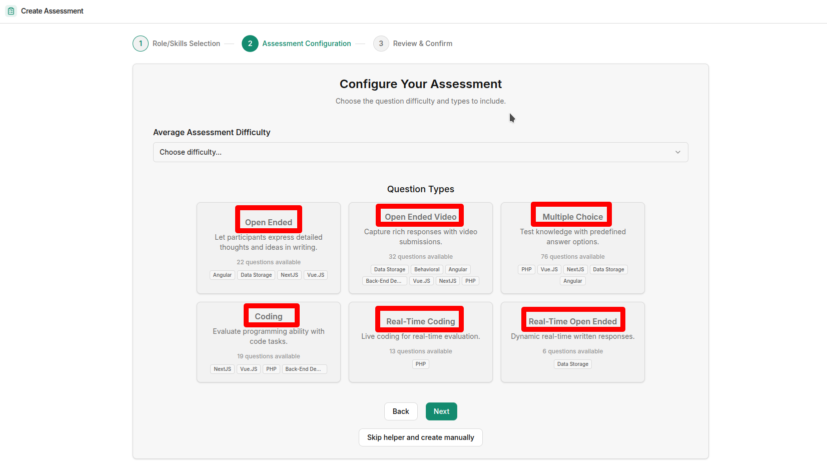 The Question Types selection cards in the assessment builder