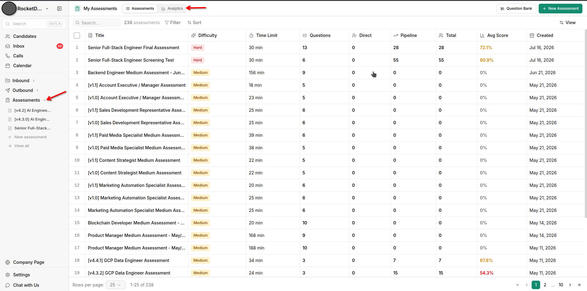 The My Assessments page showing the assessments table, the Assessments/Analytics toggle, and the New Assessment button